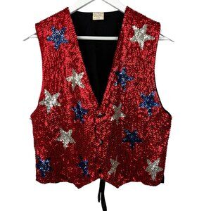 Vintage Vest Adult Small All Sequin Star Patriotic Snap Front Red White Blue